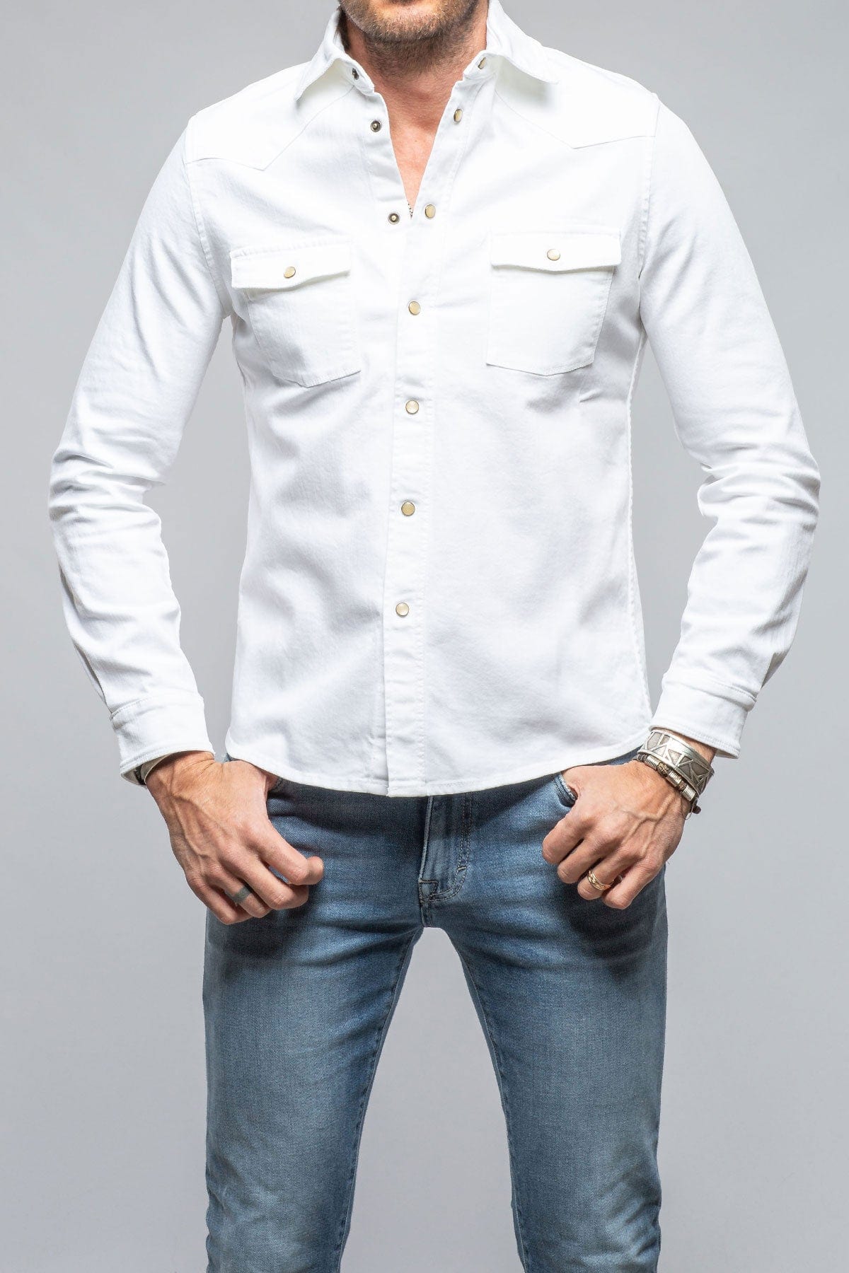 Ranger Colored Denim Snap Shirt In White - AXEL'S