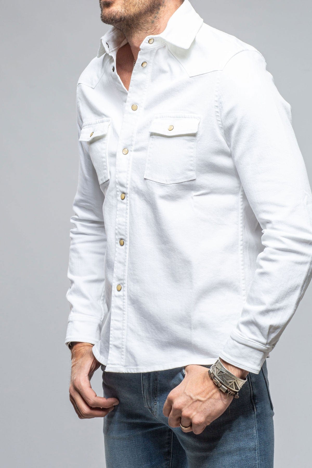 Ranger Colored Denim Snap Shirt In White - AXEL'S