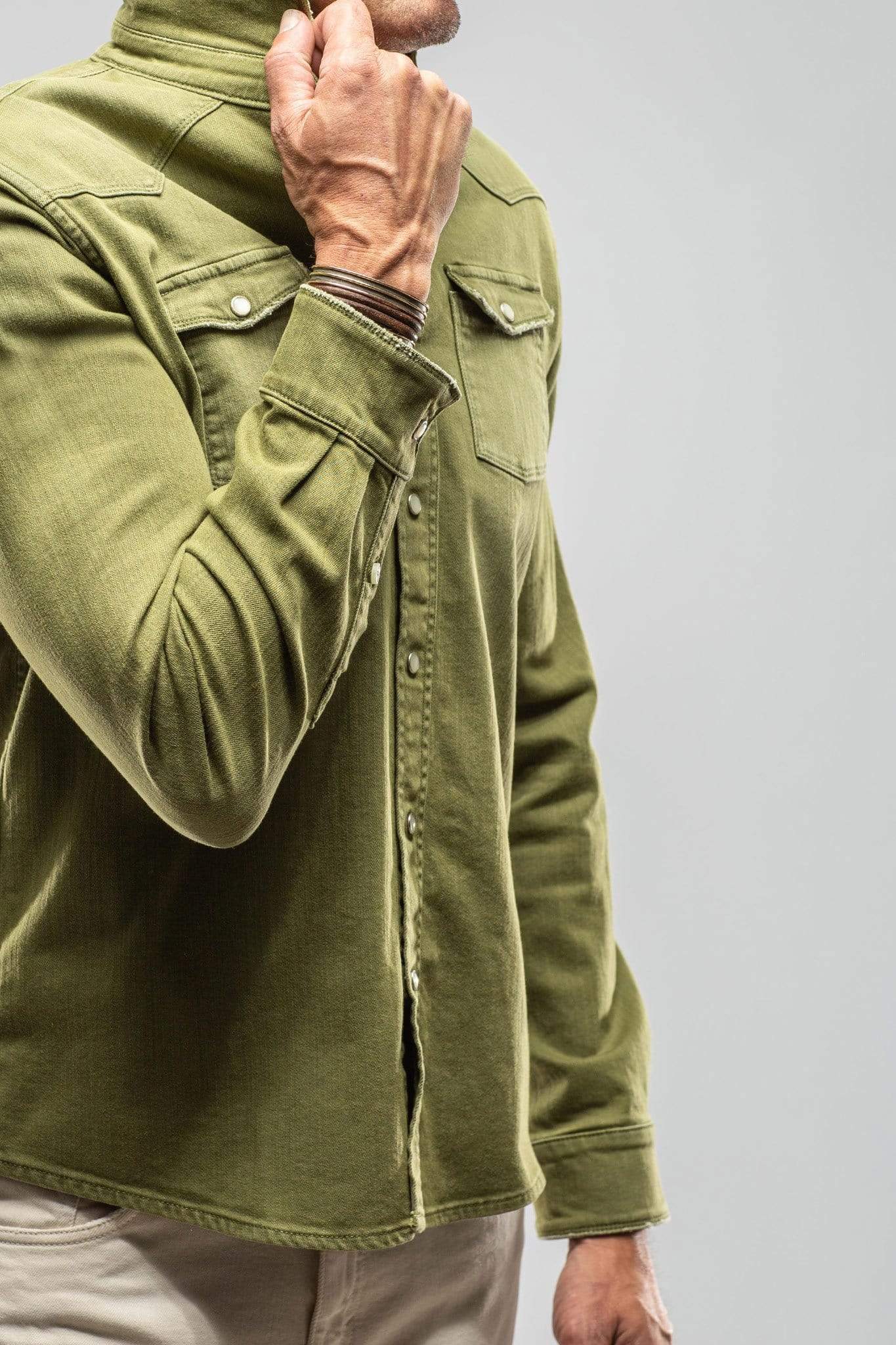 Ranger Colored Denim Snap Shirt In Avocado - AXEL'S