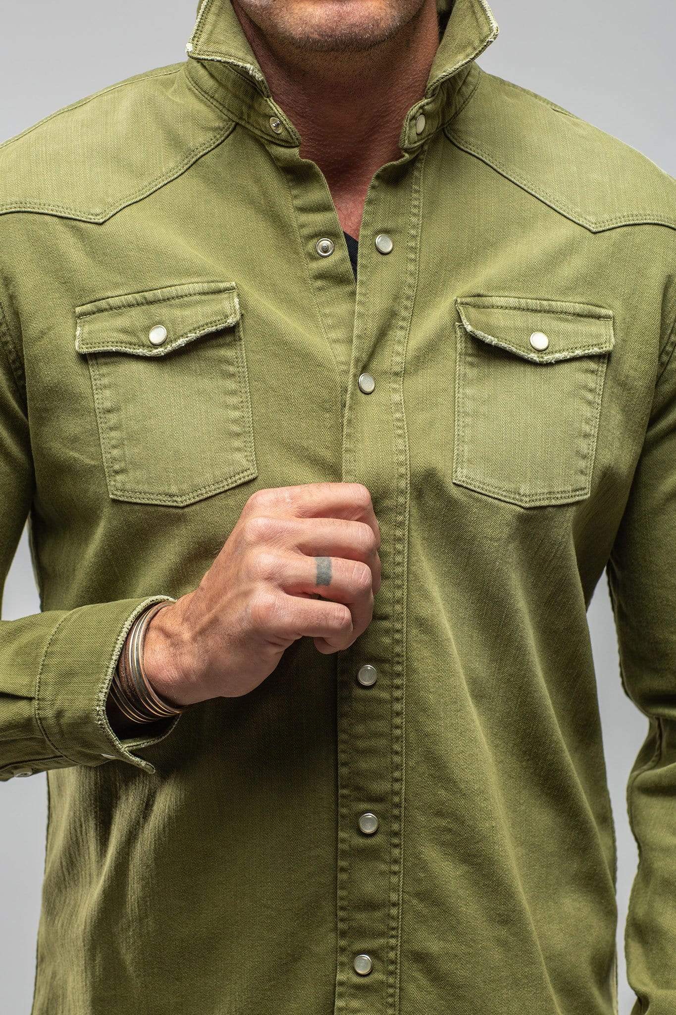 Ranger Colored Denim Snap Shirt In Avocado - AXEL'S